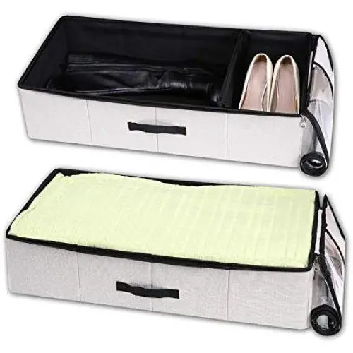 VEAMOR Under Bed Clothes Storage Containers,Shoe Organizer Underbed Bins for Pillow Beddings/Blanket Storage Boxes with Zippers,Breathable and Moistureproof (Linen, XXL)