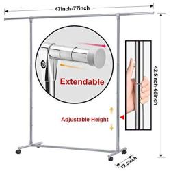 Reliancer Heavy Duty Large Garment Rack Stainless Steel Clothes Drying Rack Commercial Grade Extendable 47-77inch Clothes Rack Adjustable Clothes Hanger Rolling Rack with 4 Casters Tool Golves 10 Hook