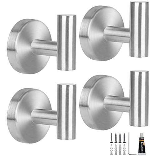 Bathroom Towel Hooks, 4 Pack Coat Hook Round Wall Hooks for Cabinet Closet Door, Heavy Duty Robe Hook, Two Ways to Install (Drill and Adhesive) for Bath Bedroom Kitchen Garage Hotel