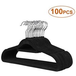 JupiterForce Pack of 100 Pcs Velvet Hangers Ultra Thin Non Slip Clothes Hanger with Swivel Hook Flocked & Durable Space Saving for Garments,Men Women Suits,Dresses,Pants,Shirts,Coats, Black