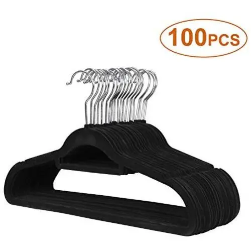 JupiterForce Pack of 100 Pcs Velvet Hangers Ultra Thin Non Slip Clothes Hanger with Swivel Hook Flocked & Durable Space Saving for Garments,Men Women Suits,Dresses,Pants,Shirts,Coats, Black