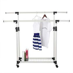 EBTOOLS Clothes Rack Adjustable Collapsible Rolling Double Rails Garment Holder Clothes Coat Wardrobe Rack Dryer Hanger with Storage Net or Home Kitchen Living Room