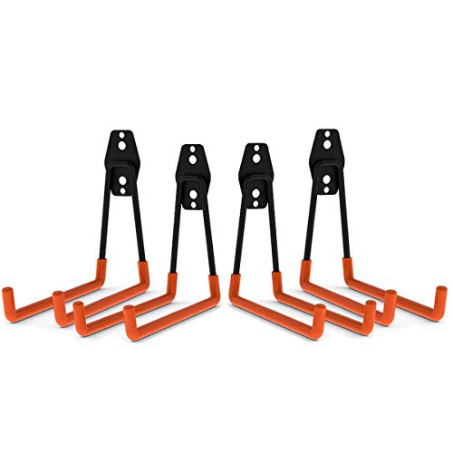 Garage Hooks Heavy Duty Storage Utility Hangers Wall Mount Garage Orgnaizier with Extended Double Arms for Ladders, Bikes, Heavy Tools, Garden Hoses, and Other Bulky Items (4 Pack/Orange Color)