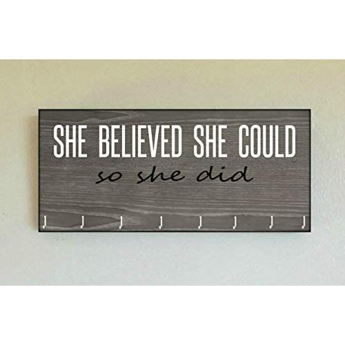 Race Medal Holder/Running Medal Hanger SHE BELIEVED SHE COULD SO SHE DID- Wood Wall Mounted Medal Organizer. CUSTOMIZATION Available