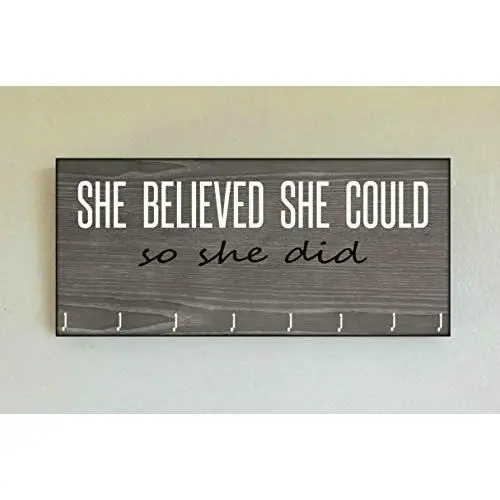 Race Medal Holder/Running Medal Hanger SHE BELIEVED SHE COULD SO SHE DID- Wood Wall Mounted Medal Organizer. CUSTOMIZATION Available