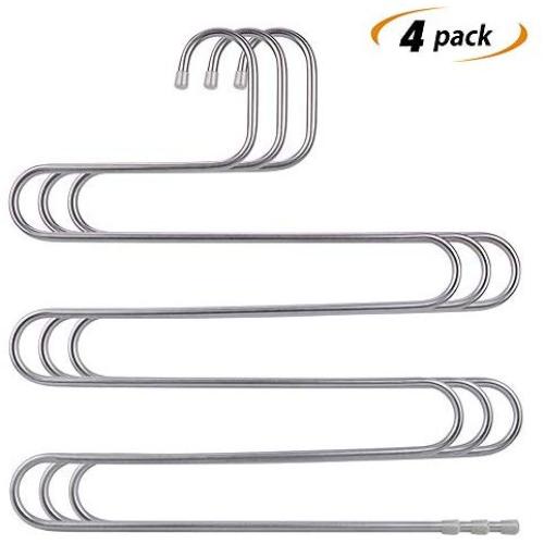 Ray-Velocity Stainless Steel Pants Hangers S-Shaped 5 Layers Hangers Closet Space Saver for Jeans Scarf Tie Clothes(4 Pack) (Sliver)