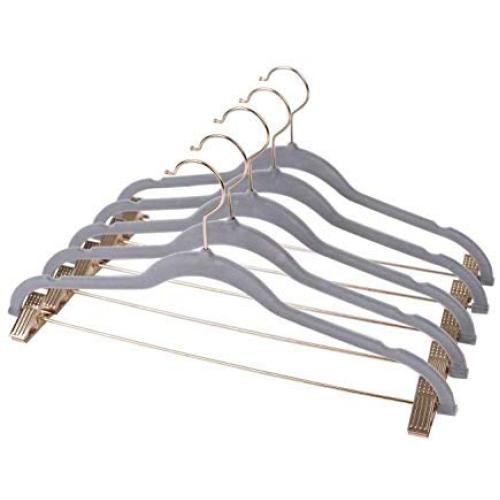 OnCloud-7 Grey Velvet Hangers with Clips 20 Pack, Non Slip Pants and Skirt Hangers with Rose Gold Hooks