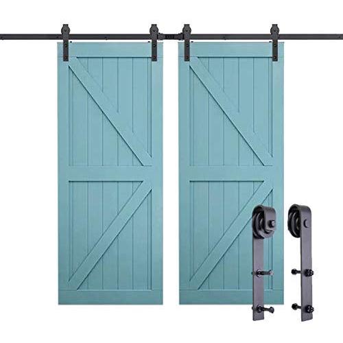 PeggyHD 12FT Heavy Duty Sliding Barn Door Hardware Kit Double Wood Door Track Roller Kit Wall Mounted J Shape Hanger (2 x Door Set)
