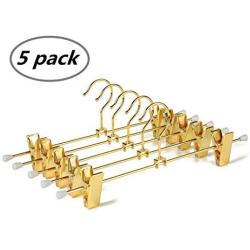 Amber Home 5 Pack-Shiny Gold Metal Slacks Pants and Skirt Hanger with Adjustable Clips Hang Rack with Hook (5)