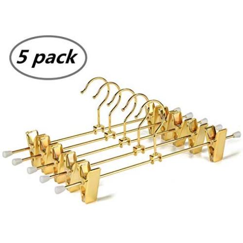 Amber Home 5 Pack-Shiny Gold Metal Slacks Pants and Skirt Hanger with Adjustable Clips Hang Rack with Hook (5)