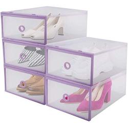 Liusin 5-Pack Foldable Stackable Shoe Boxes Clear Plastic Compact Womens Mens Shoe Storage Boxes Container Organizer for Home DIY 11 x8 x5 Inch (Purple)