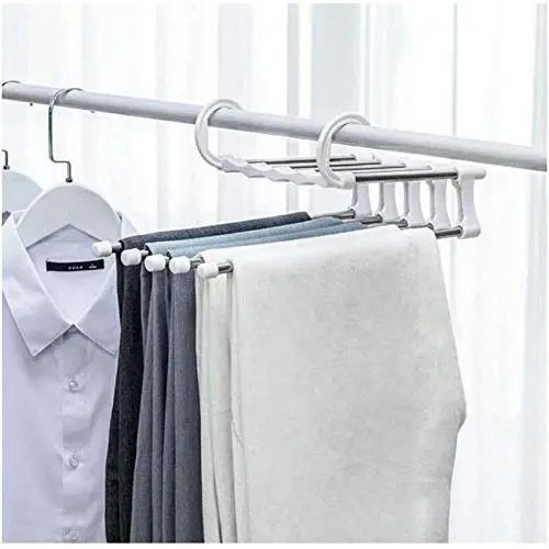 5pcs Random Color Stainless Steel Clothes Hanger Wardrobe Magic Hanger Multi-Layer Pants Rack Shelf Wardrobe Storage Organizer Closet Space Saver