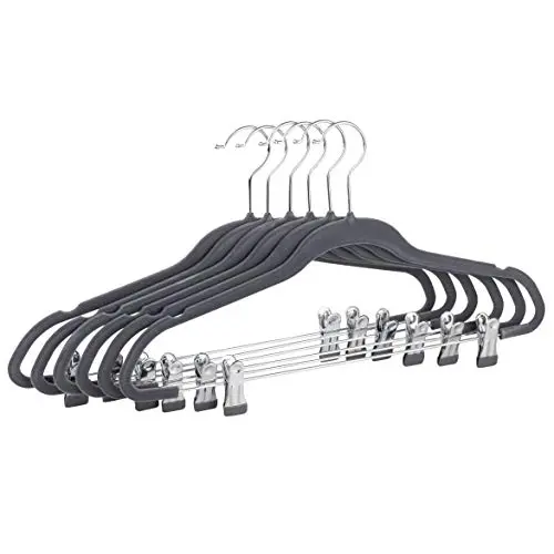 Raymond Waites Velvet Thin Non-Slip Clip Hangers - Set of 6 Space Saving Clothing Hangers with Clips, Durable Flocked Hangers, Skirt Hangers (Dark Grey)