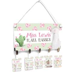 Personalized Super Cute Hall Passes Set with Hanger, Llama Cactus & Polka Dots Theme Green and Pink Accents