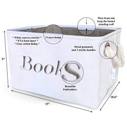 Books Basket, Storage & Organizer Bin for Kids, Baby. White Canvas Fabric Decorative Boxes with Gray Embroidering.