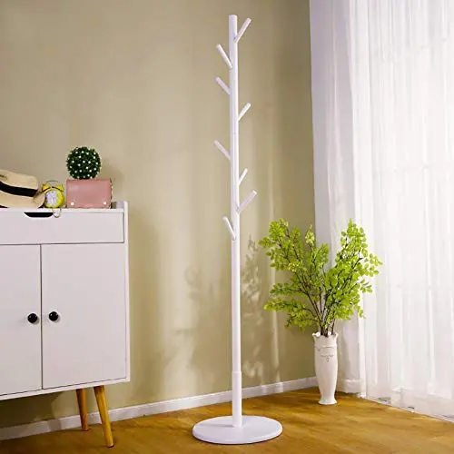 D&LE Coat Rack Free Standing, Wooden Enterway Hall Tree Coat Hanger Holder 8 Hooks Solid Wood Base for Coat Has Clothes-White 38x175cm(15x69inch)