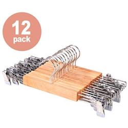 Wooden Pants Hangers with Clips 12 Pack, Wood Skirt Hangers with Adjustable Anti-Rust Clips (8.5inches-13.7inches), Non Slip Pants Clip Hangers for Skirts Trousers Slacks Jeans