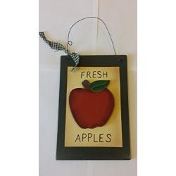 Country Rustic Wooden &quotFresh Apples" Sign with Red cutout apple and Green border, a wire hanger with a green gingham bow