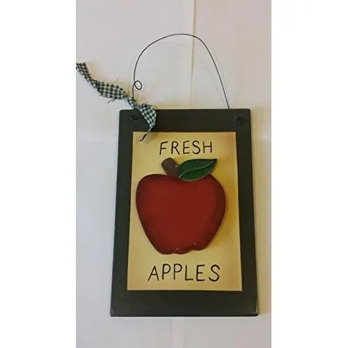 Country Rustic Wooden &quotFresh Apples" Sign with Red cutout apple and Green border, a wire hanger with a green gingham bow