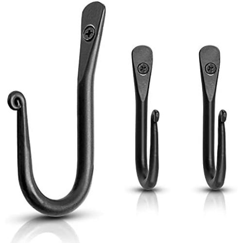 Wall Mounted Hook - Wrought Iron Decorative Blacksmith Handmade Simple Iron Hook for Bathroom and Kitchen, Black Hooks for Hanging Robes, Towels, Coats, Cloths, Bags, Keys and Jewelries - Pack of 3