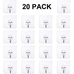 Transparent Adhesive Hooks 15 kg(Max),Free Sticky Hangers with Stainless Hooks Reusable Utility Towel Bath Ceiling Hooks (20Pack -Adhesive Hooks)