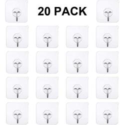 Transparent Adhesive Hooks 15 kg(Max),Free Sticky Hangers with Stainless Hooks Reusable Utility Towel Bath Ceiling Hooks (20Pack -Adhesive Hooks)