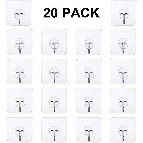 Transparent Adhesive Hooks 15 kg(Max),Free Sticky Hangers with Stainless Hooks Reusable Utility Towel Bath Ceiling Hooks (20Pack -Adhesive Hooks)