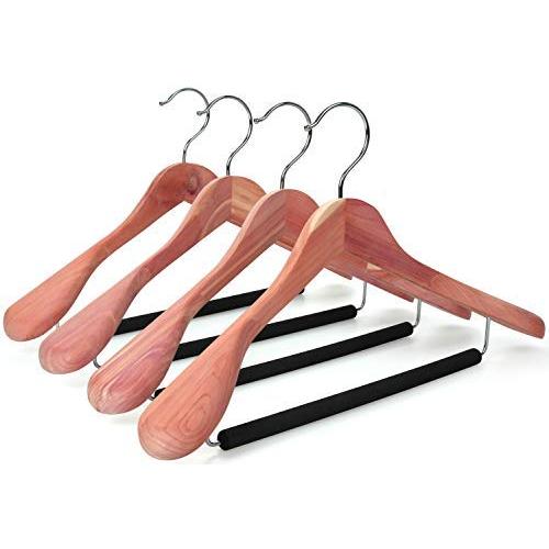 TOPIA HANGER Unfinished American Red Cedar Wood Coat Suit Hangers, Luxury Wooden Jacket Clothes Hangers, Wide Shoulder with Black Padded Pant Bar- 360°Flexible Hook, 4 Pack- Natural- CT07W