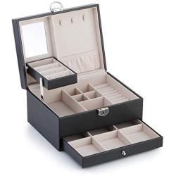 RR ROUND RICH DESIGN Jewelry Boxes - 2 Level Multifunctional Large Jewelry Organizer Storage Case with Top Mirror Drawer and Metal Lock - Black