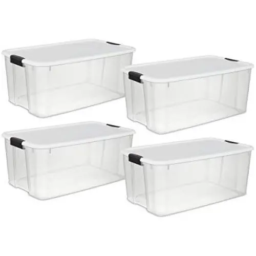 STERILITE 19909804 116 Quart/110 Liter Ultra Latch Box, Clear with a White Lid and Black Latches STERILITE 19909804 116 Quart/110 Liter Ultra Latch Box, Clear with a White Lid and Black Latches