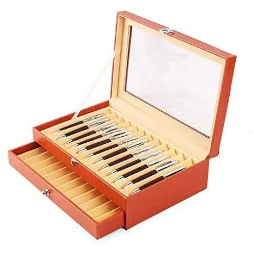 Pen Display Boxes 24 Piece Black Leather Flannel Pen Organizer Box,Glass Pen Display Case Storage Boxes with Lid,Top Glass Window Two Level Display Case with Drawer Pen Collection Display Case (Orange)