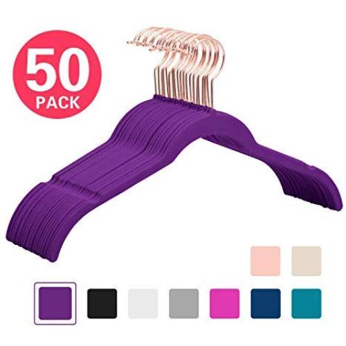 MIZGI Premium Velvet Shirt Hangers (Pack of 50) - Non Slip Felt Dress Hangers Dark Purple - Copper/Rose Gold Hooks,Space Saving Clothes Hangers (Dark Purple)