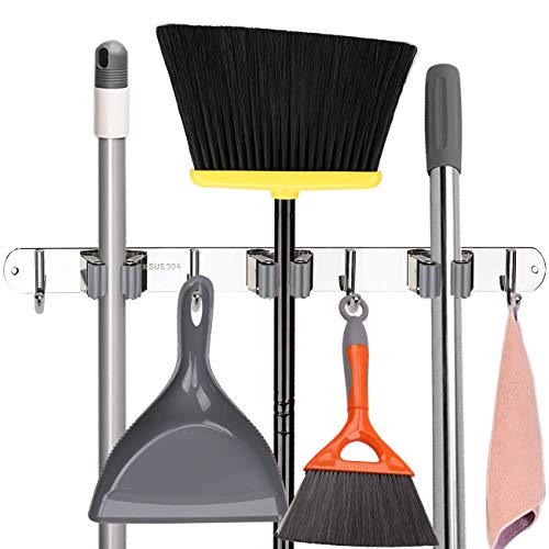 Broom Mop Holder, Stainless Steel Heavy Duty Wall Mount Storage Organizer Tools Hanger with 3 Racks 4 Hooks for Kitchen Bathroom Closet Garage Office Garden (3 Racks 4 Hooks)