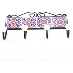 Indianshelf Handmade 2 Artistic Vintage Tile Blue Ceramic Sunflower Wall Hooks Hangers/Clothes Hooks for Wall