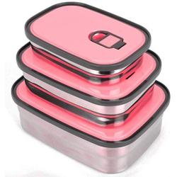 Stainless Steel Food Containers - Leak Proof Tiffin Lunch Boxes - 3 In 1 Food Storage Boxes For Outdoor and Indoor - Durable - Toxin Free - Dishwasher Safe | Pink 3 Pcs.