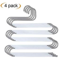 HonTop 4 PCS Non-Slip Pants Hangers S-Shape 5 Layers Stainless Steel with White Silicone Coating Multi Clothes Cascading Hangers Space Saving Clothes Organizer for Jeans Scarf Ties Towels Leggings