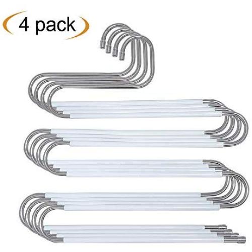 HonTop 4 PCS Non-Slip Pants Hangers S-Shape 5 Layers Stainless Steel with White Silicone Coating Multi Clothes Cascading Hangers Space Saving Clothes Organizer for Jeans Scarf Ties Towels Leggings