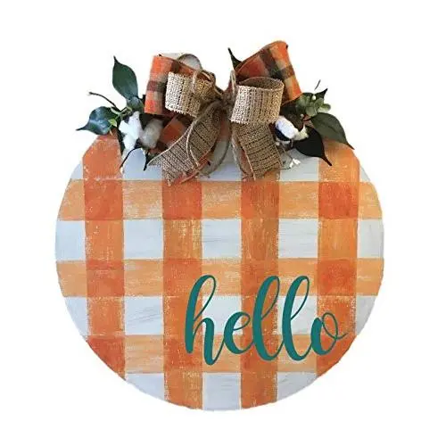 Hello Fall Plaid Door Hanger, Orange Plaid and Teal Wood Sign, Farmhouse Shabby Natural Cotton Country Thanksgiving Round