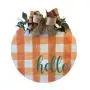 Hello Fall Plaid Door Hanger, Orange Plaid and Teal Wood Sign, Farmhouse Shabby Natural Cotton Country Thanksgiving Round