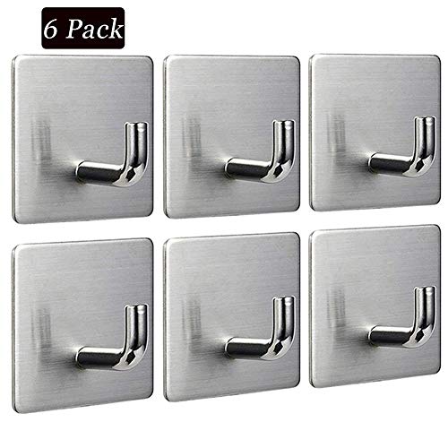 Self Adhesive Hooks, Removable Wall Hooks, Meirenda Sticky Hangers, Heavy Duty Bathroom Towel Sticky Adhesive Wall Hanging Hooks for Office Home Robe Kitchen Keys Bags 6pack (Square 6 Pack)