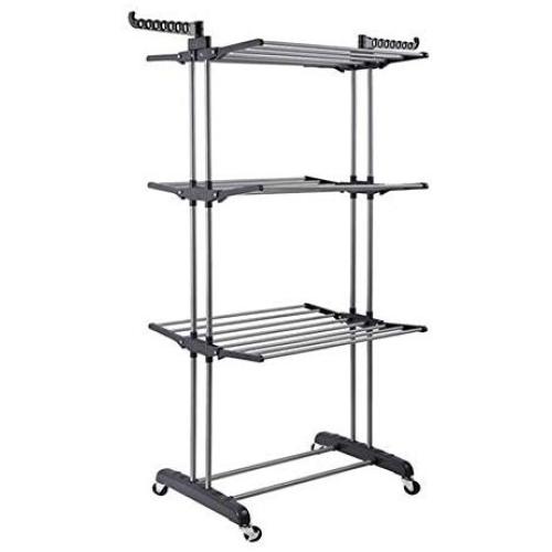 Wilbur Charley 3-Layer Portable Clothes Drying Rack Rolling Garment Clothing Rack Storage Shelf Organizer Clothes Hangers Folding Laundry Dryer Hanger for Indoor,Outdoor (Gray)