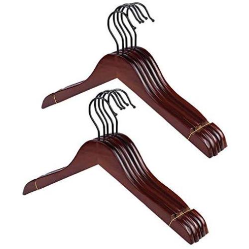 Uheng Solid Wood Suit Closet Clothes Hangers - 10 Pack Non Slip Bar Precisely Cut Notches - 360 Degree Swivel Chrome Hook - Natural Sturdy Durable Wooden Hangers