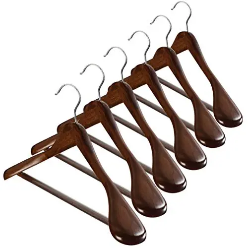High-Grade Wide Shoulder Wooden Hangers 6 Pack with Non Slip Pants Bar - Smooth Finish Solid Wood Suit Hanger Coat Hanger, Holds upto 20lbs, 360° Swivel Hook, for Dress, Jacket, Heavy Clothes Hangers High-Grade Wide Shoulder Wooden Hangers 6 Pack with Non Slip Pants Bar - Smooth Finish Solid Wood Suit Hanger Coat Hanger, Holds upto 20lbs, 360° Swivel Hook, for Dress, Jacket, Heavy Clothes Hangers