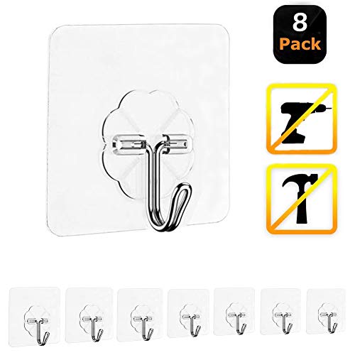 Adhesive Hooks Kitchen Hooks - 8 Pack Heavy Duty 13.2 lb. (Maximum) Non-Nail Sticky Hanger Reusable Utility Towel Bathtub Ceiling Hooks (Transparent)