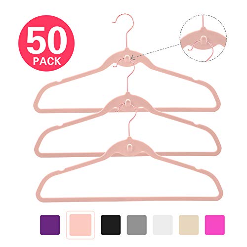 MIZGI Premium Cascading Velvet Hangers (Pack of 50) Heavyduty - Non Slip Hangers with Cascading Hooks Blush Pink/Rose - Copper/Rose Gold Hooks,Space Saving Clothes Hangers (Blush Pink/Rose)