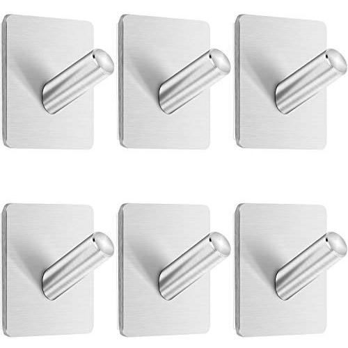 Anwenk Self Adhesive Hooks, 6 Pack Heavy Duty Wall Hook Towel Hook Coat Hook Hat Hook 304 Brushed Stainless Steel Bathroom Kitchen Super Power Wall Mount Hooks