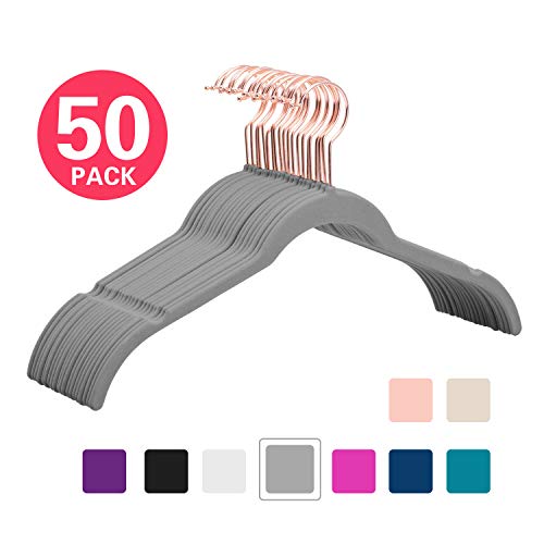 MIZGI Premium Velvet Shirt Hangers (Pack of 50) - Non Slip Felt Dress Hangers Gray - Copper/Rose Gold Hooks,Space Saving Clothes Hangers (Gray)