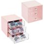 mDesign Stackable Plastic Eye Glass Storage Organizer Boxes Holder for Sunglasses, Reading Glasses, Accessories - 3 Divided Drawers, Chrome Pulls, 2 Pack - Light Pink/Clear