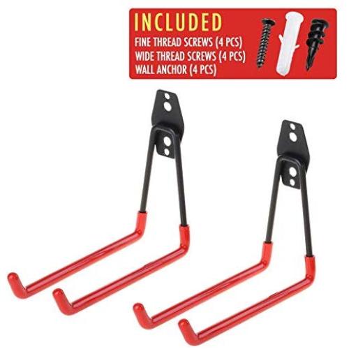 2pcs Ladder Hook for Garage Organizer, [UPGRADE VERSION] with Longer Screws Included, Heavy Duty Utility Hanger Holder Storage for Hanging Weed Wacker Hose Extension Cord Chair Bike Garden Tools