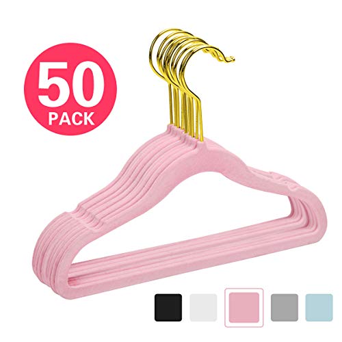 MIZGI Premium Kids Velvet Hangers (Pack of 50) with Gold Hooks,Space Saving Ultra Thin,Non Slip Hangers use for Childrens Skirt Dress Pants,Clothes Hangers by (Pink)